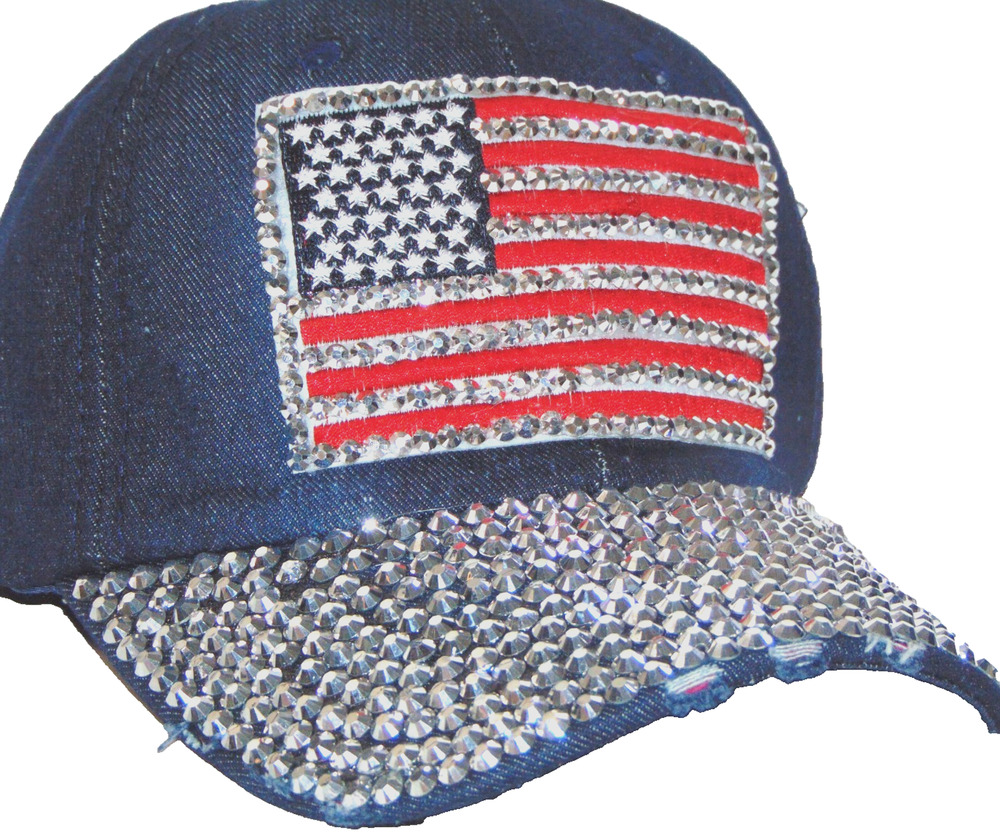 Twig & Arrow USA American Flag Bling Rhinestone Denim Baseball Cap Womens NWT OS